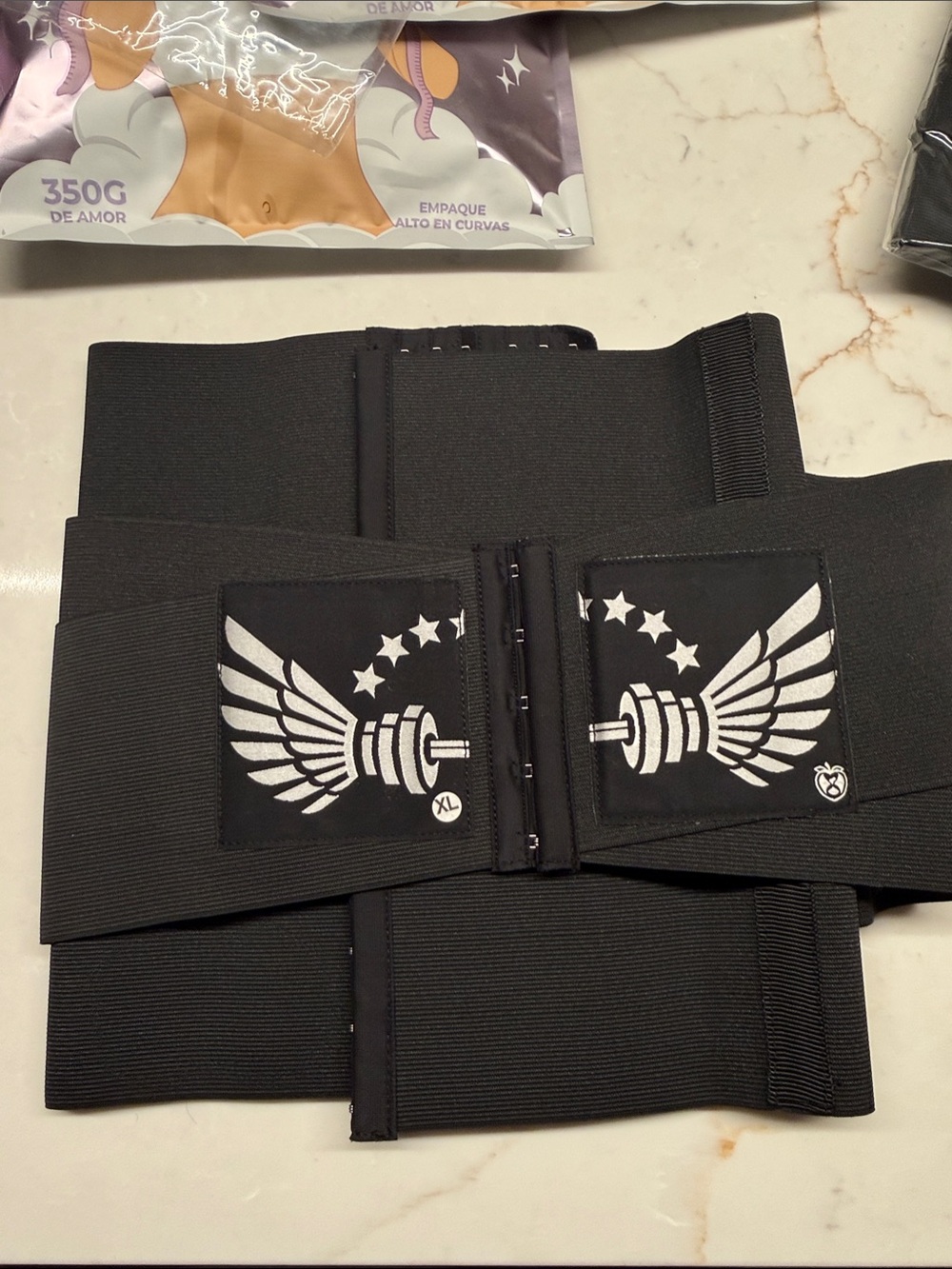 Women’s Black Waist Trainer with Winged Dumbbell Detail